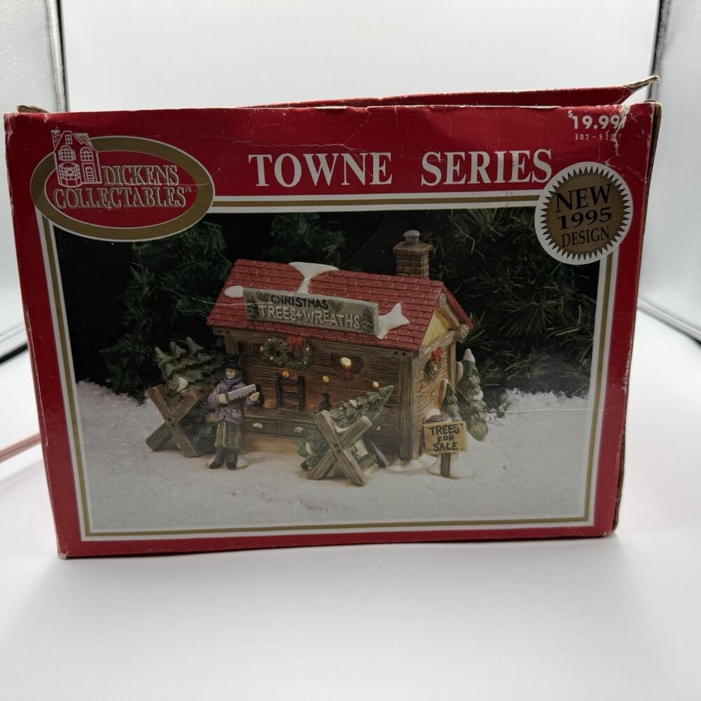 Dickens Collectables Towne Series Porcelain Lit House CHRISTMAS TREES + WREATHS